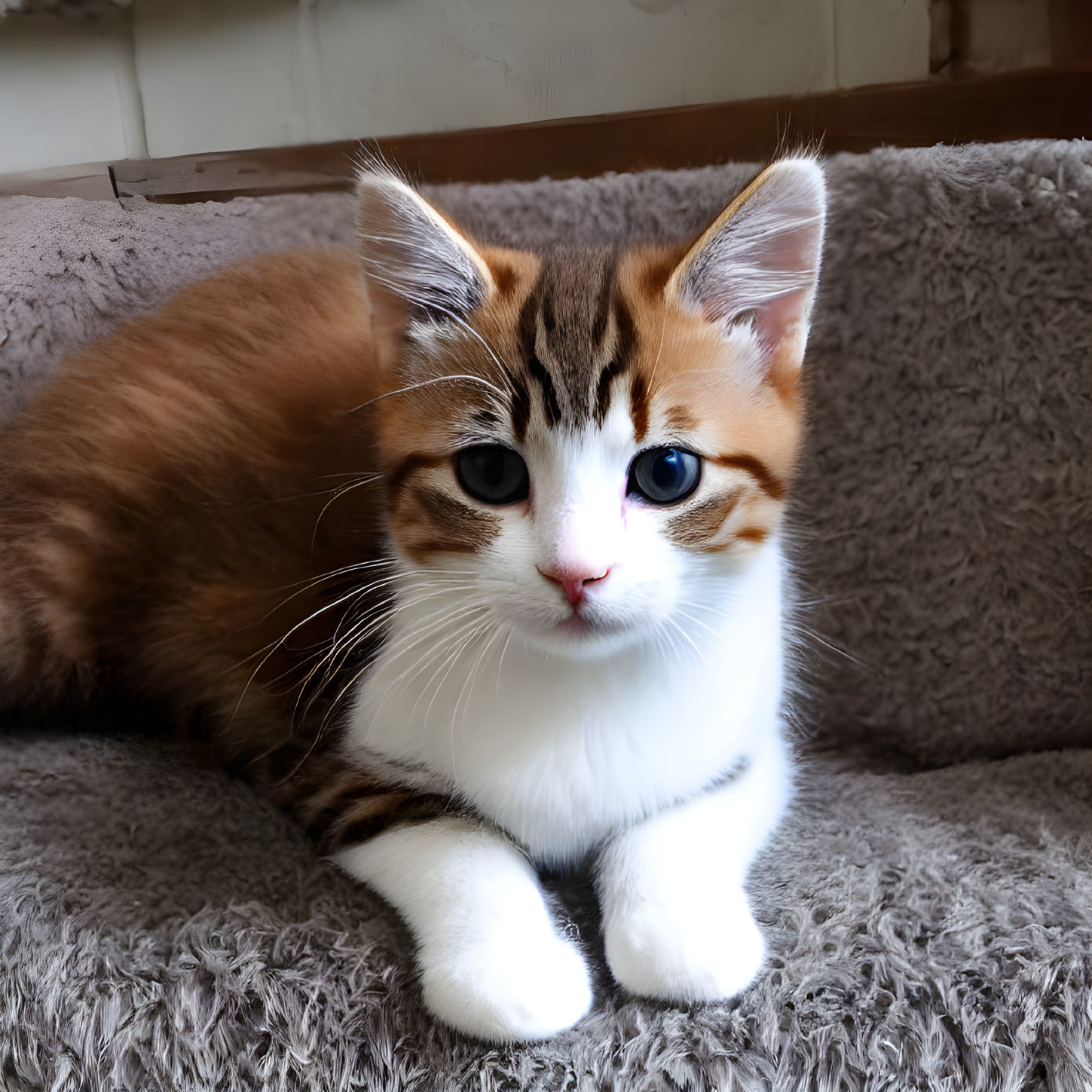 Brown and White Kitten with Blue Eyes and Whiskers on Grey Surface