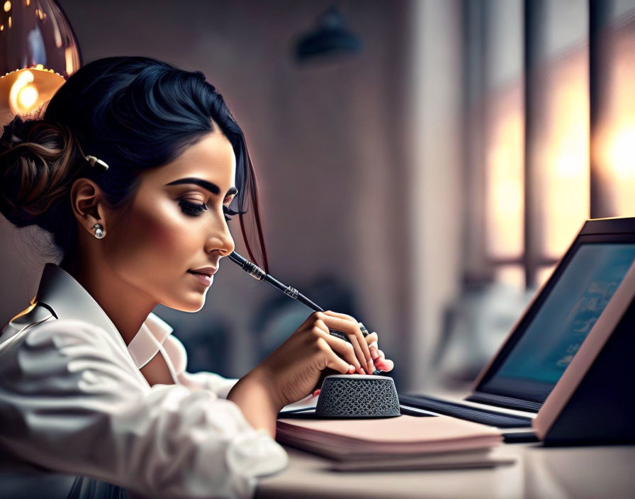 Focused woman writing notes with pen beside laptop in warmly lit indoor setting