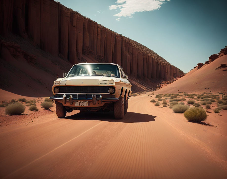 Classic Car Resting Desert Road Sandstone Cliffs Sky