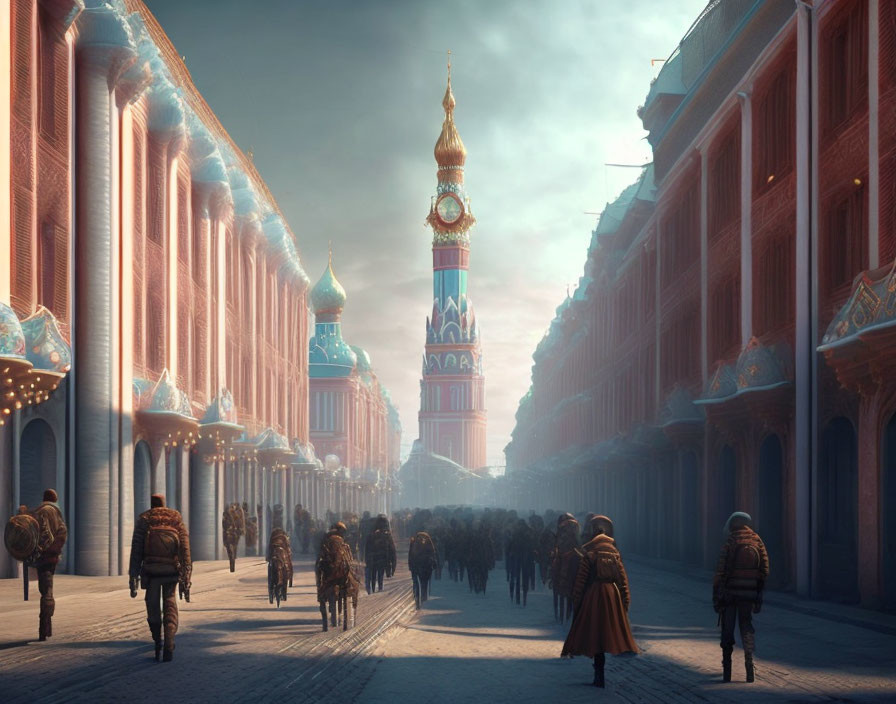 Group of People in Winter Attire Walking by Ornate Clock Tower