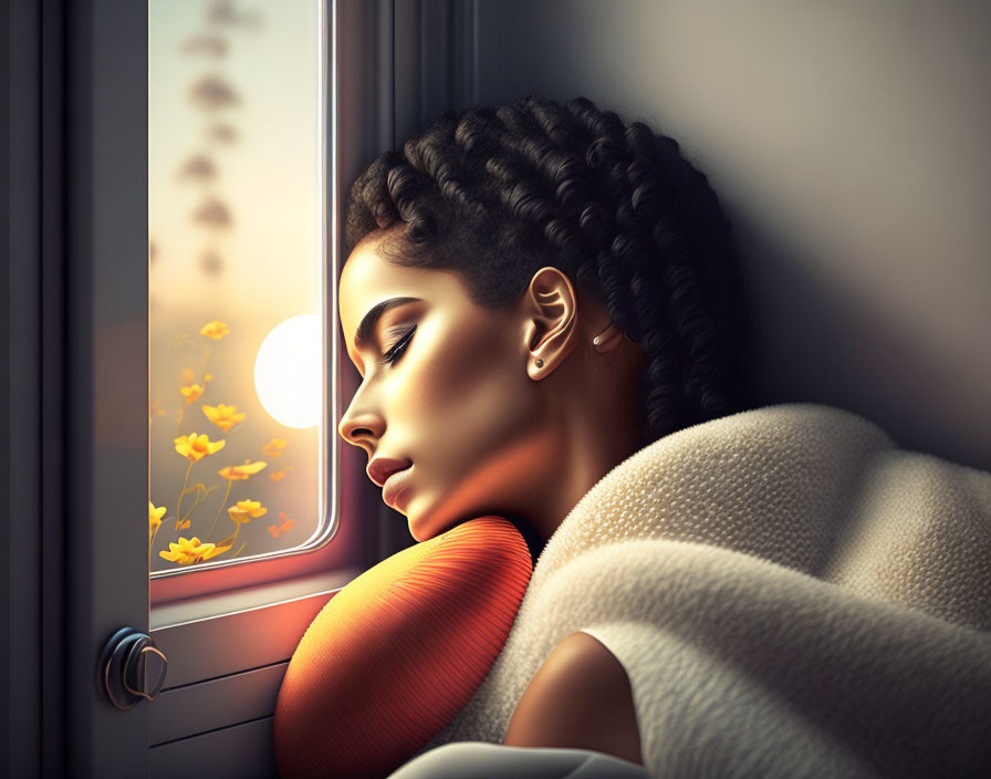 Woman with braided hair gazes at moonlit sky with yellow flowers from window