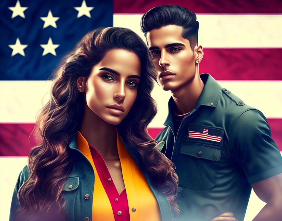 Portrait of a woman and man with stylish hair against American flag background