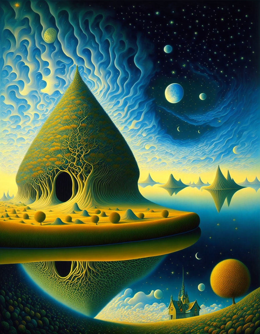 Surreal landscape with pyramid-like tree, castle, planets, stars