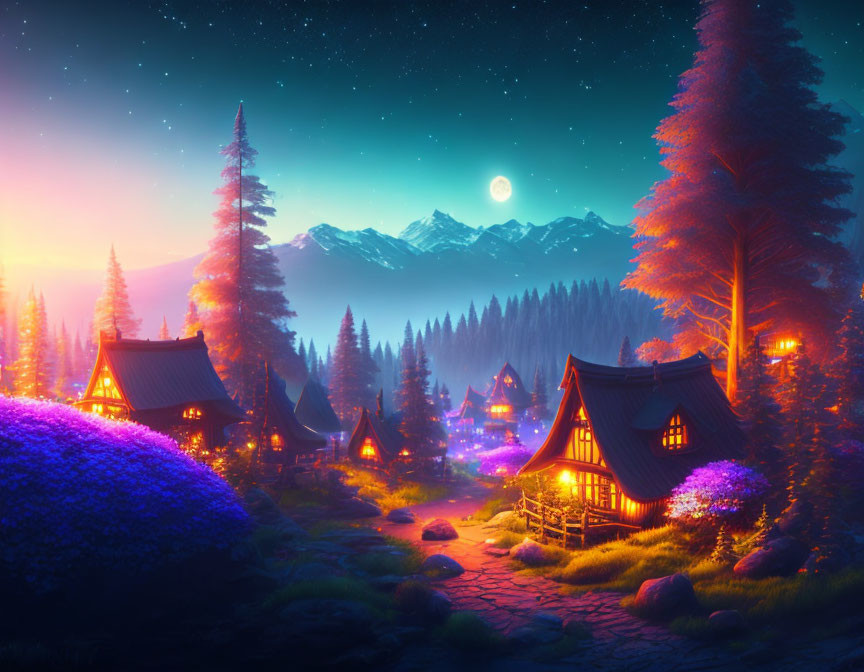 Tranquil night landscape with cottages, purple foliage, forest, starry sky, and moon