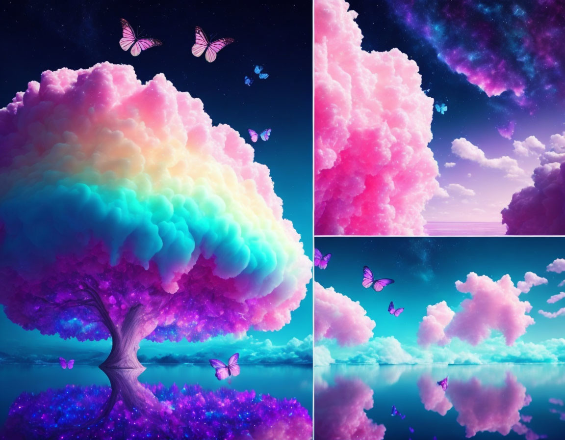 Colorful fantasy landscape with multicolored tree, pink clouds, butterflies, and starry sky over