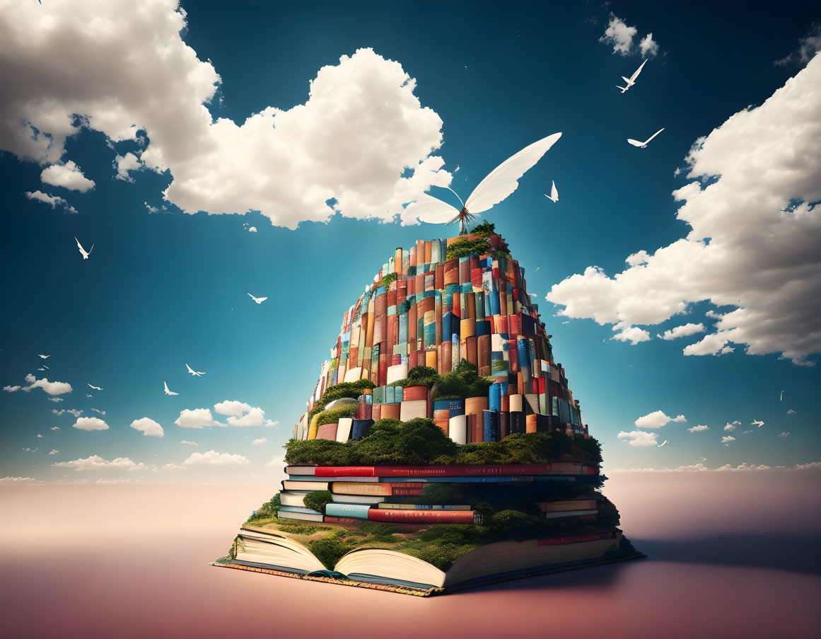 Stacked Book Mountain with Quill, Birds, and Greenery on Cloudy Sky