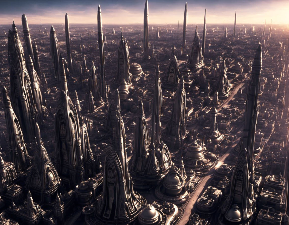 Futuristic cityscape with tall spires and domed structures under dusky sky