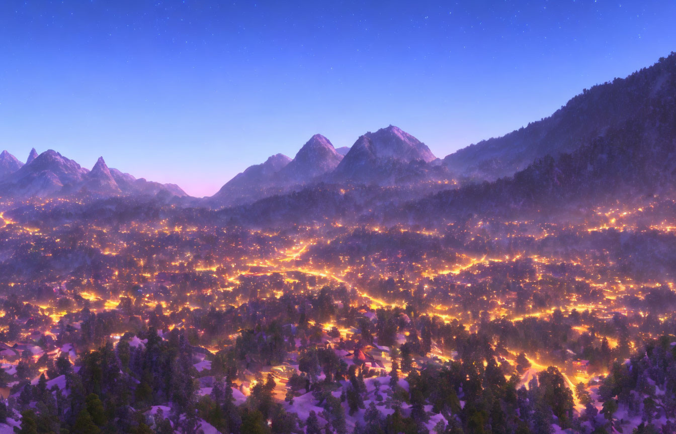 Snow-capped mountain town at night with glowing lights