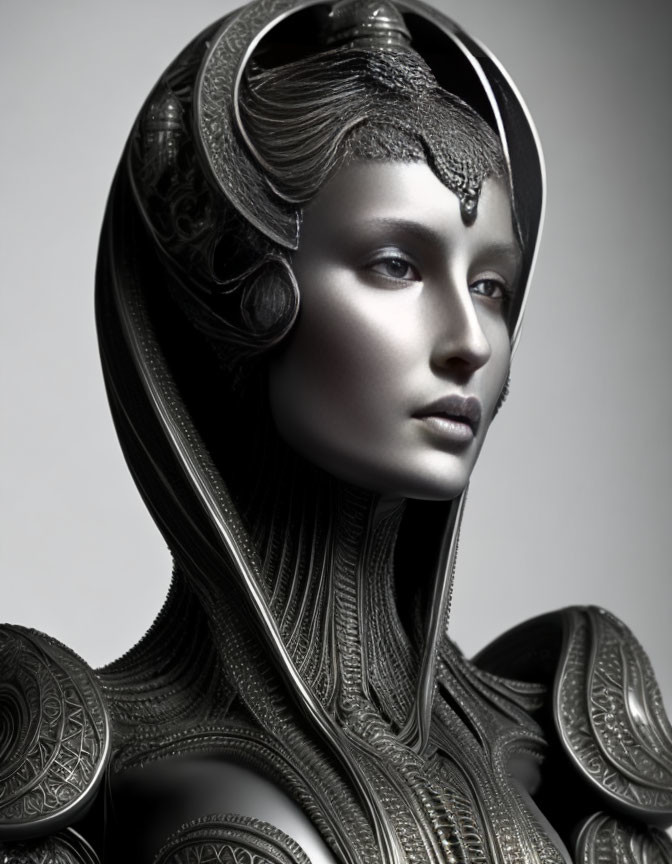 Monochrome portrait of woman with metallic headgear and shoulder armor