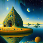 Surreal landscape with pyramid-like tree, castle, planets, stars