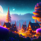 Tranquil night landscape with cottages, purple foliage, forest, starry sky, and moon