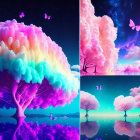 Colorful fantasy landscape with multicolored tree, pink clouds, butterflies, and starry sky over