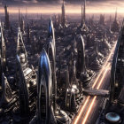 Futuristic cityscape with tall spires and domed structures under dusky sky