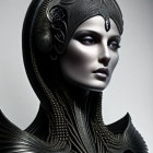 Monochrome portrait of woman with metallic headgear and shoulder armor