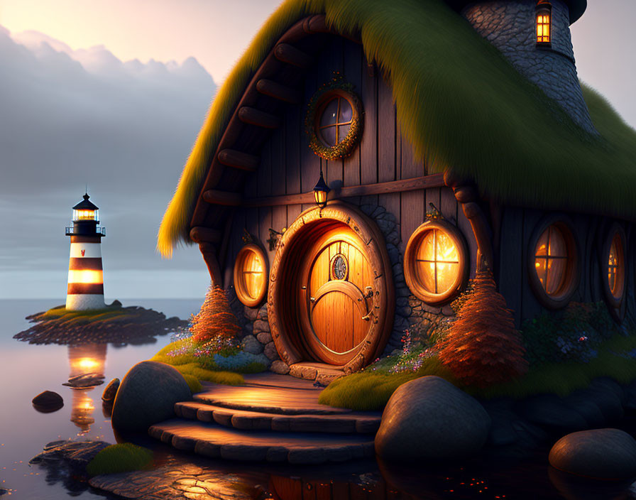 Charming cottage with round door by calm sea at dusk