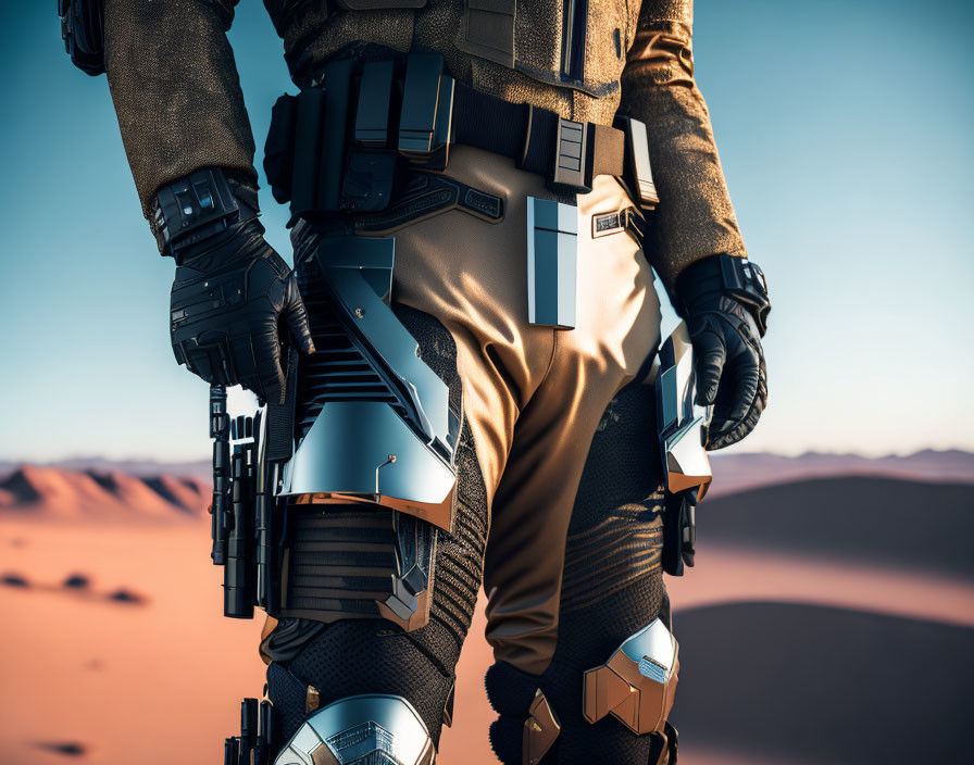 Person in futuristic armored gear with desert backdrop and detailed armor plates.