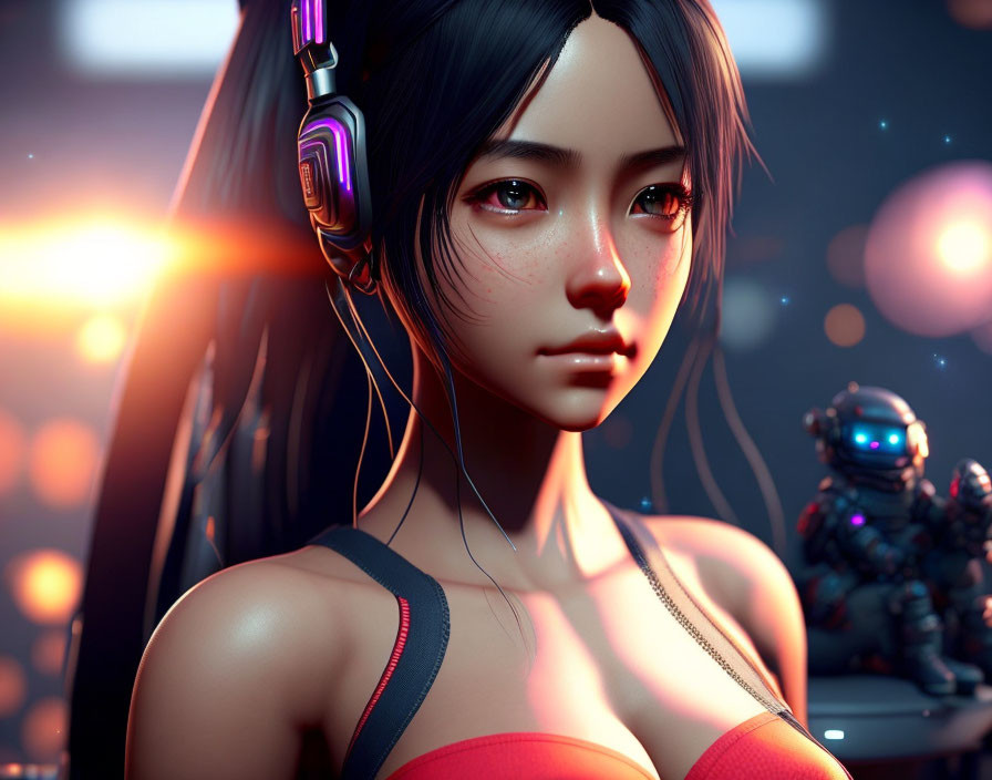 Digital artwork: Young woman with headphones in futuristic setting