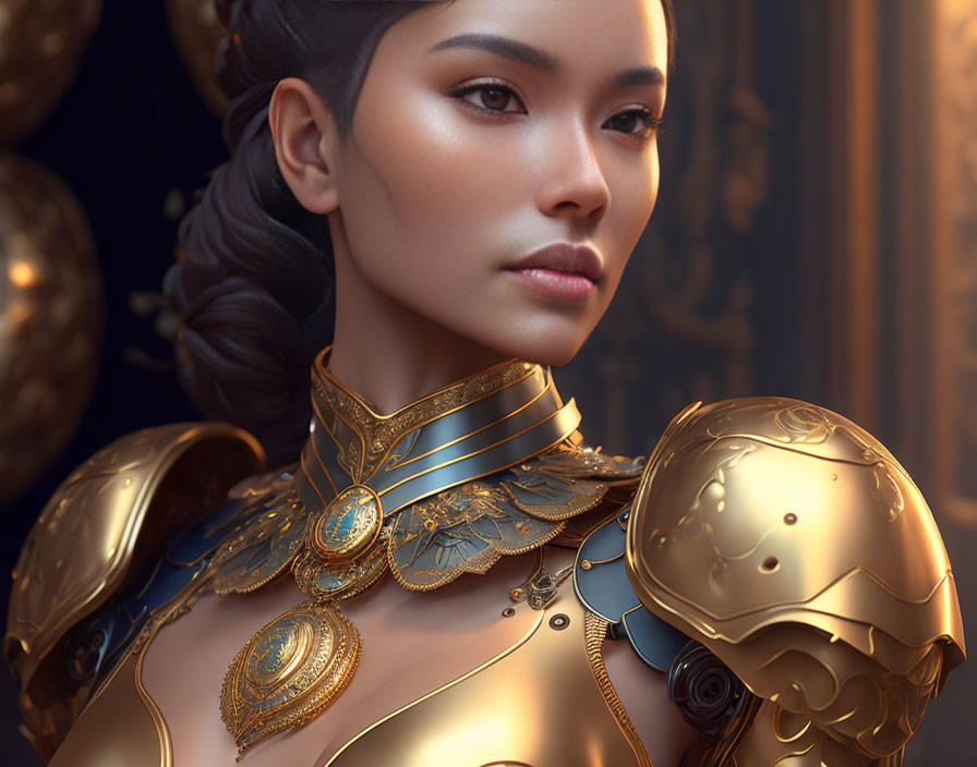 Detailed Portrait of Woman with Braided Updo and Ornate Golden Armor