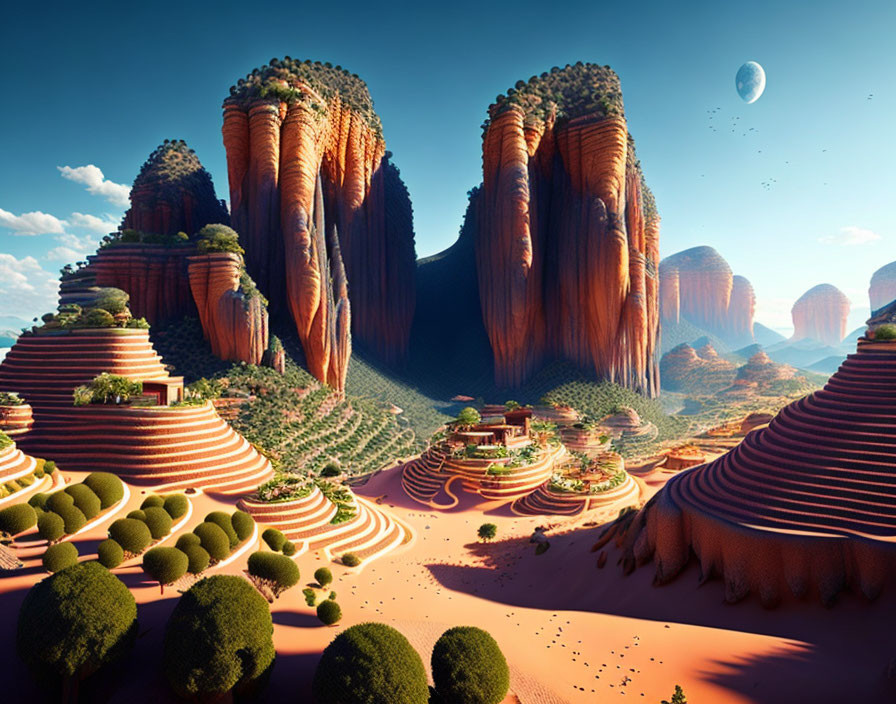 Surreal landscape with red rock formations, striped hills, and a large moon