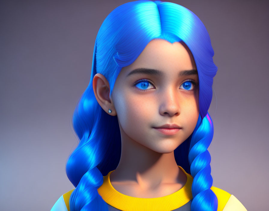 Vibrant blue-haired girl in 3D render with striking blue eyes