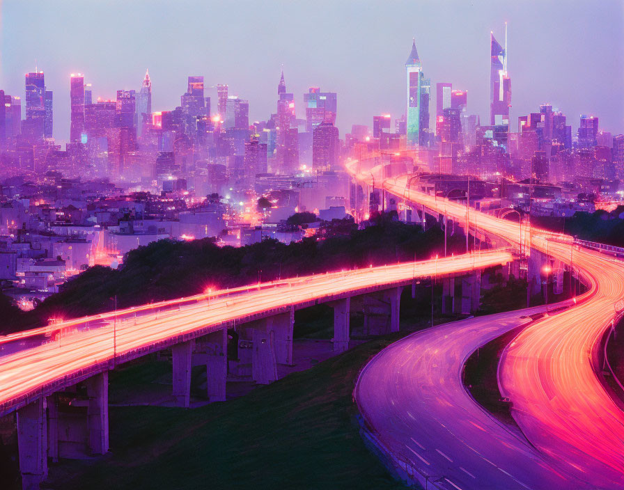 Glowing cityscape at dusk with illuminated skyscrapers and bustling highway