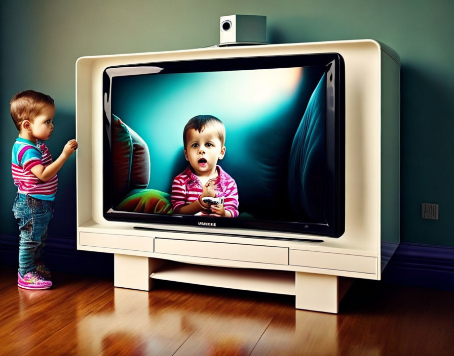 Toddler touching retro TV screen with surprised toddler holding remote.