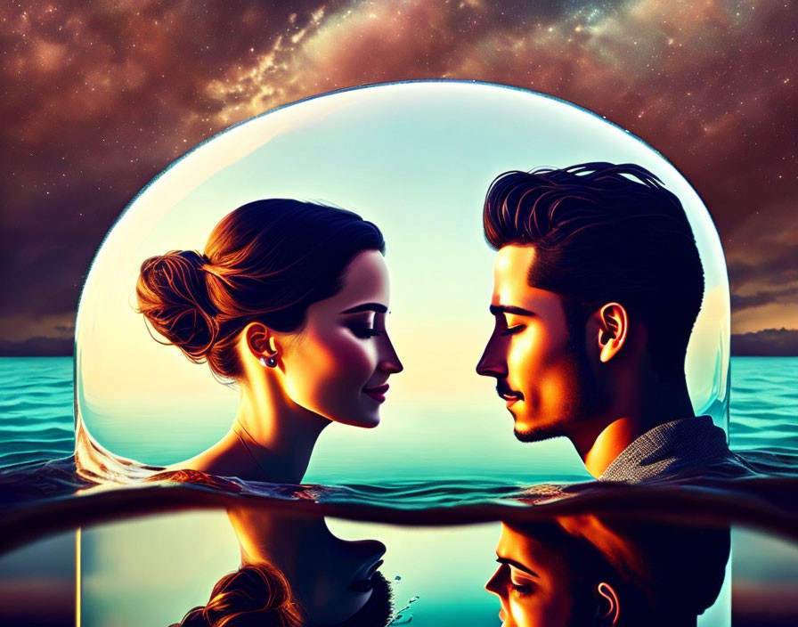 Digital artwork: Man and woman in bubble with reflection on water under twilight sky