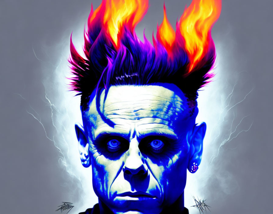 Person with punk hairstyle and blue skin in fiery orange flames on gray background