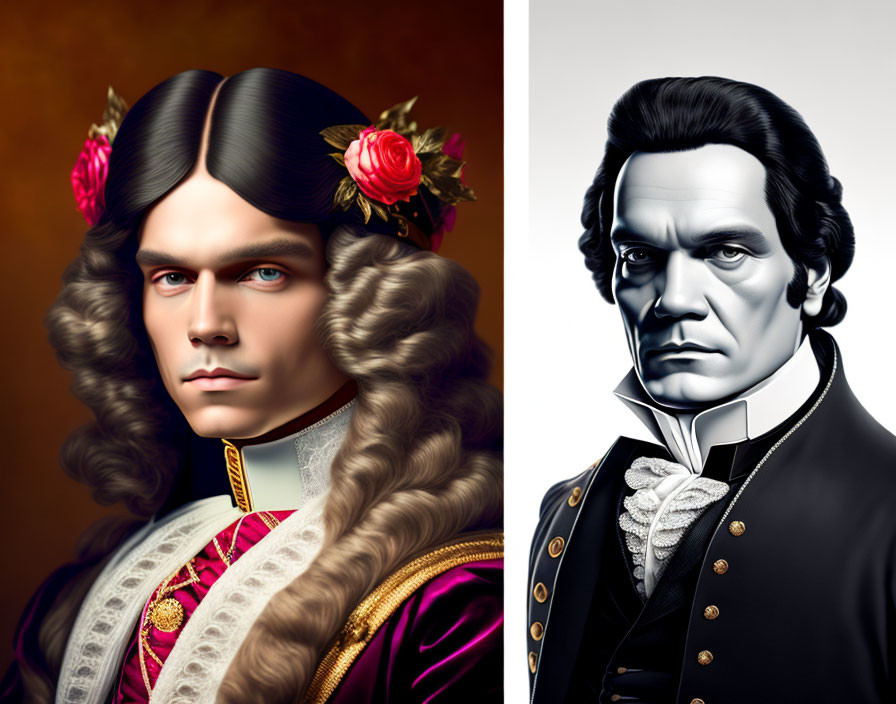 Stylized split image: man in historical costume with flowers and monochrome portrait in formal attire