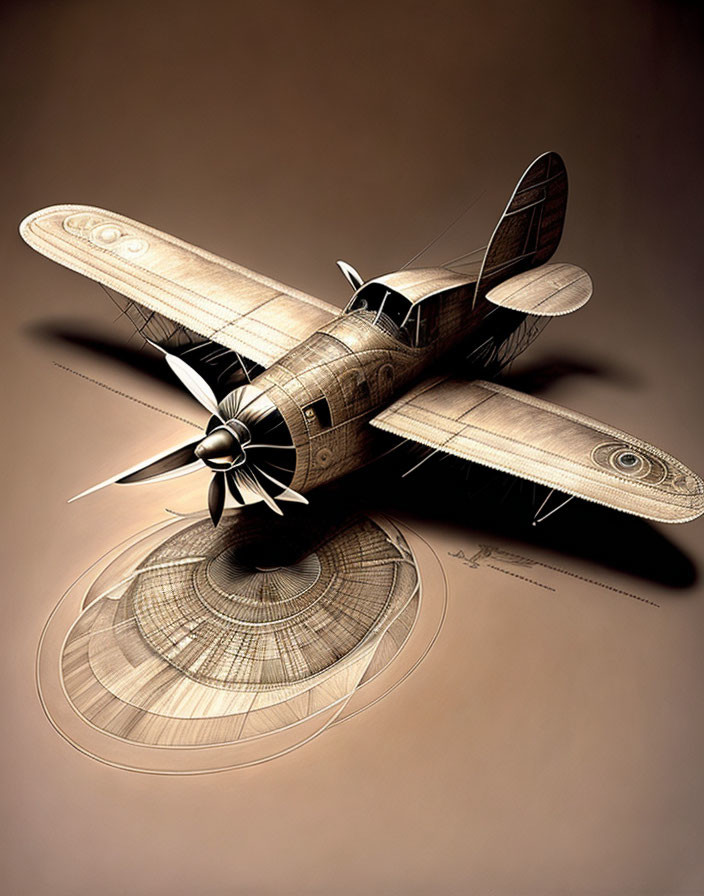 Detailed Vintage Propeller Airplane Illustration on Gradient Brown Background