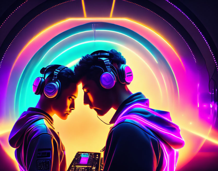 Two people wearing headphones with neon light rings in vibrant setting