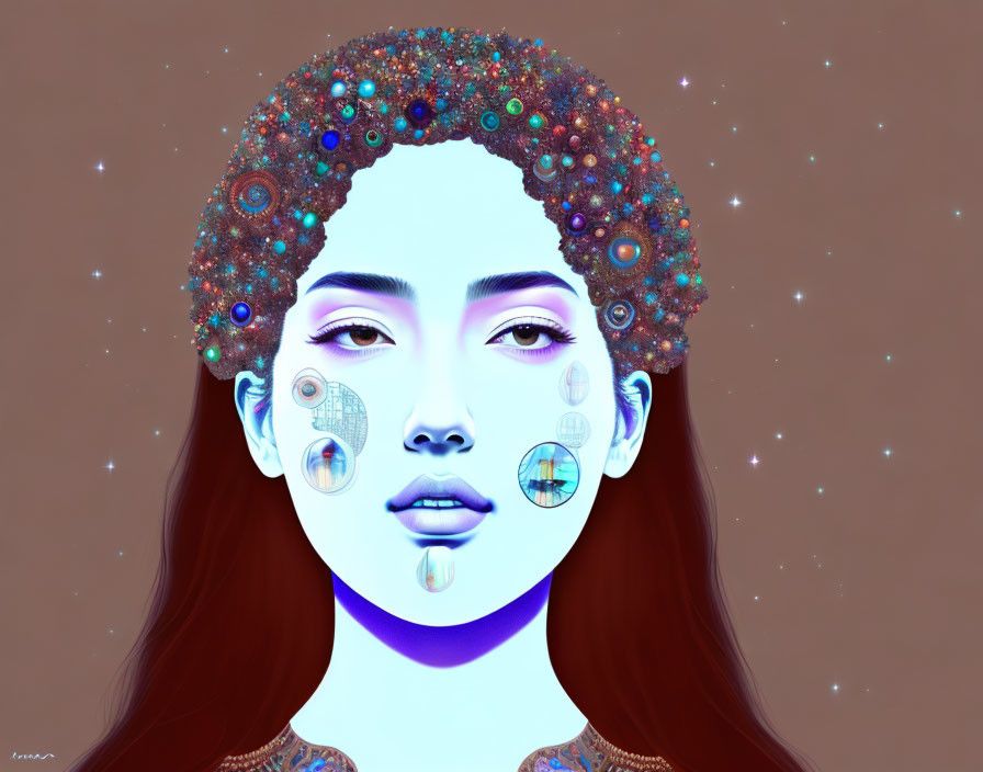 Cosmic-themed makeup on a woman in vibrant digital artwork