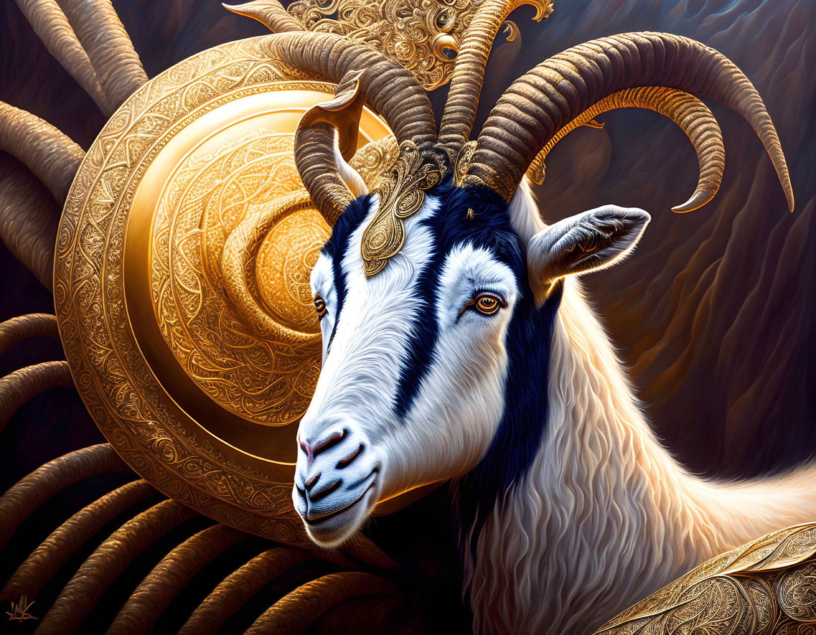 Detailed Illustration of Goat with Golden Horns on Dark Background