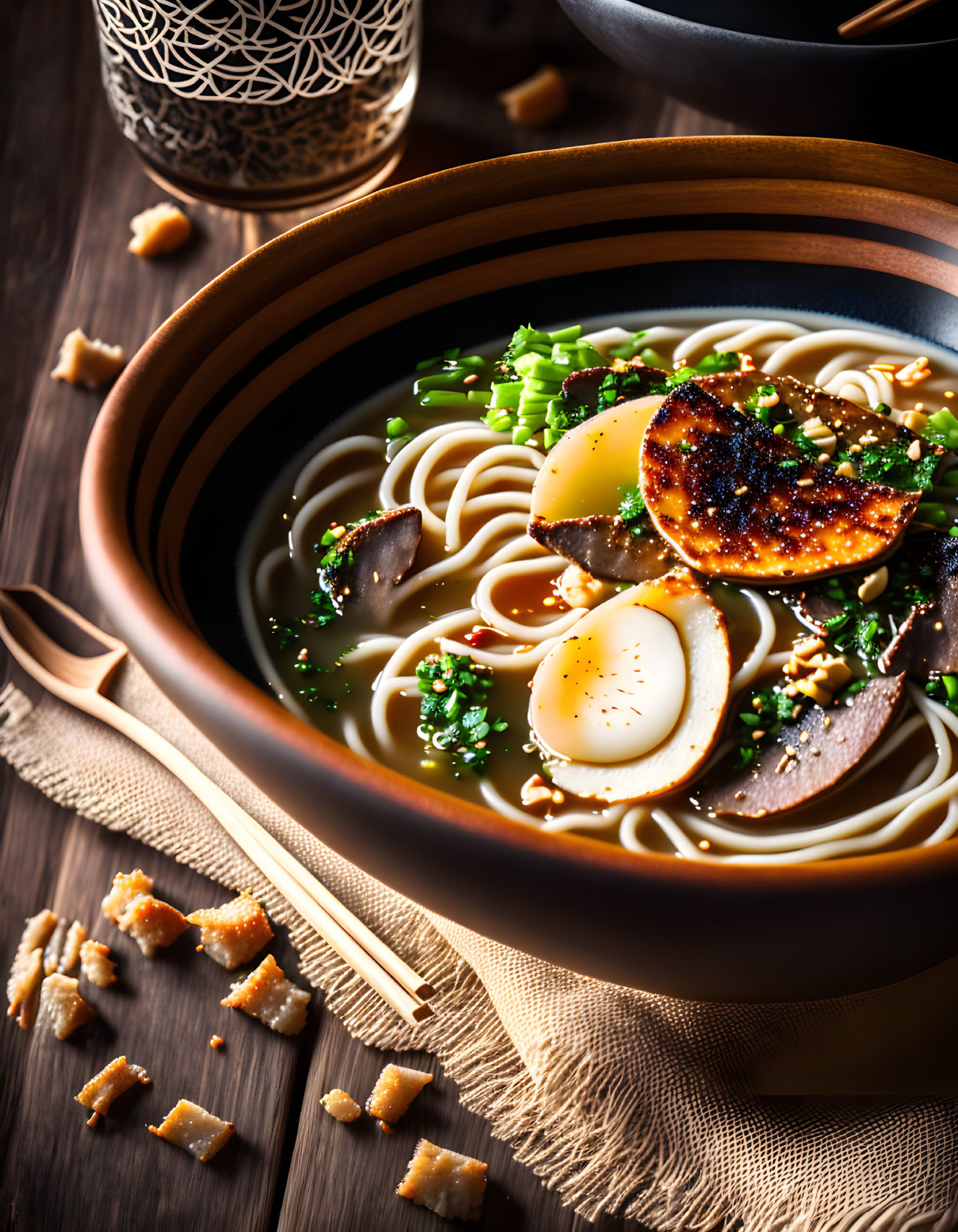 Ramen bowl with noodles, seasoned egg, sliced meat, green onions, and croutons on