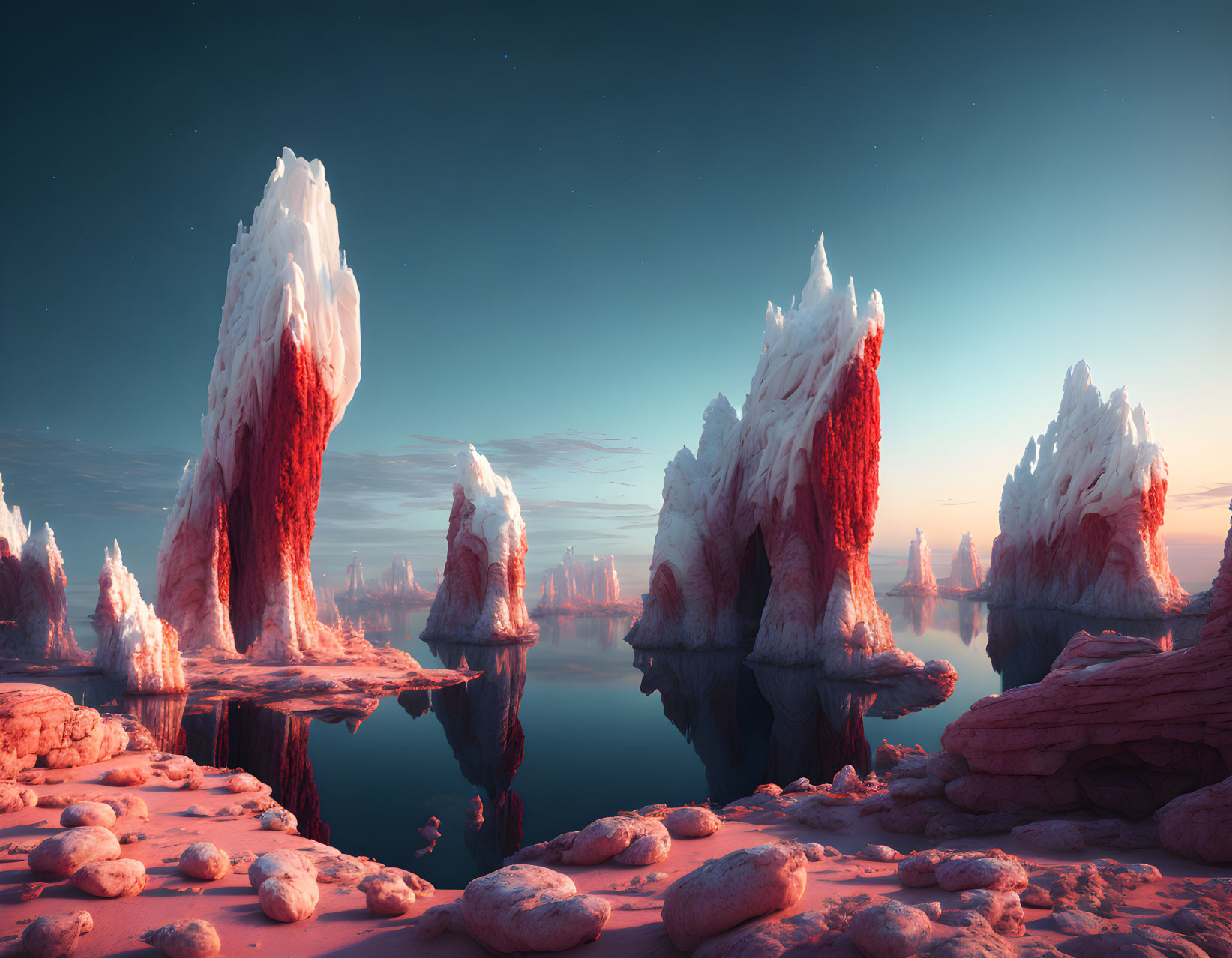 Majestic red rock formations reflected in tranquil water under a pink sky