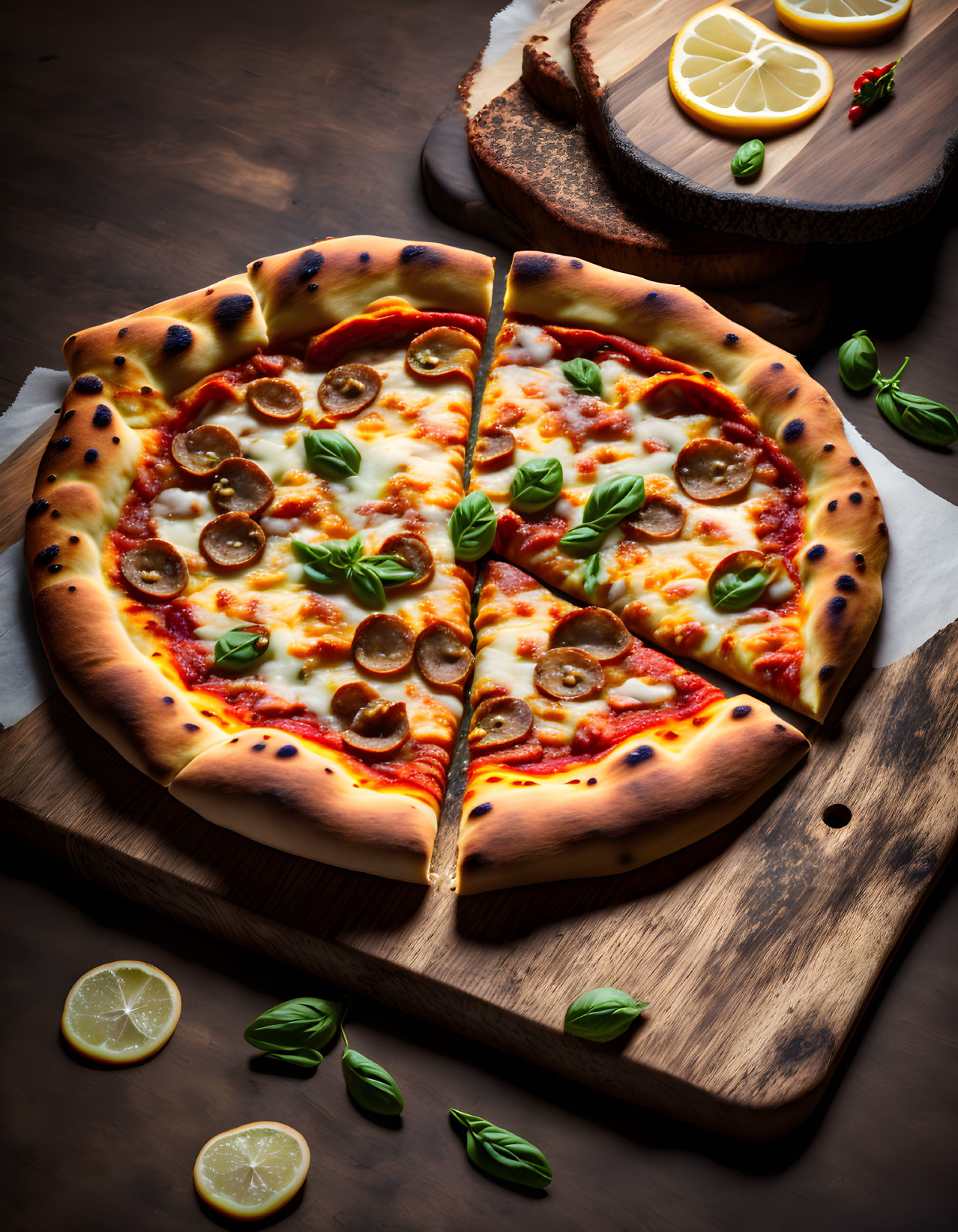 Pepperoni pizza with melted cheese and basil on wooden board with lemon slices