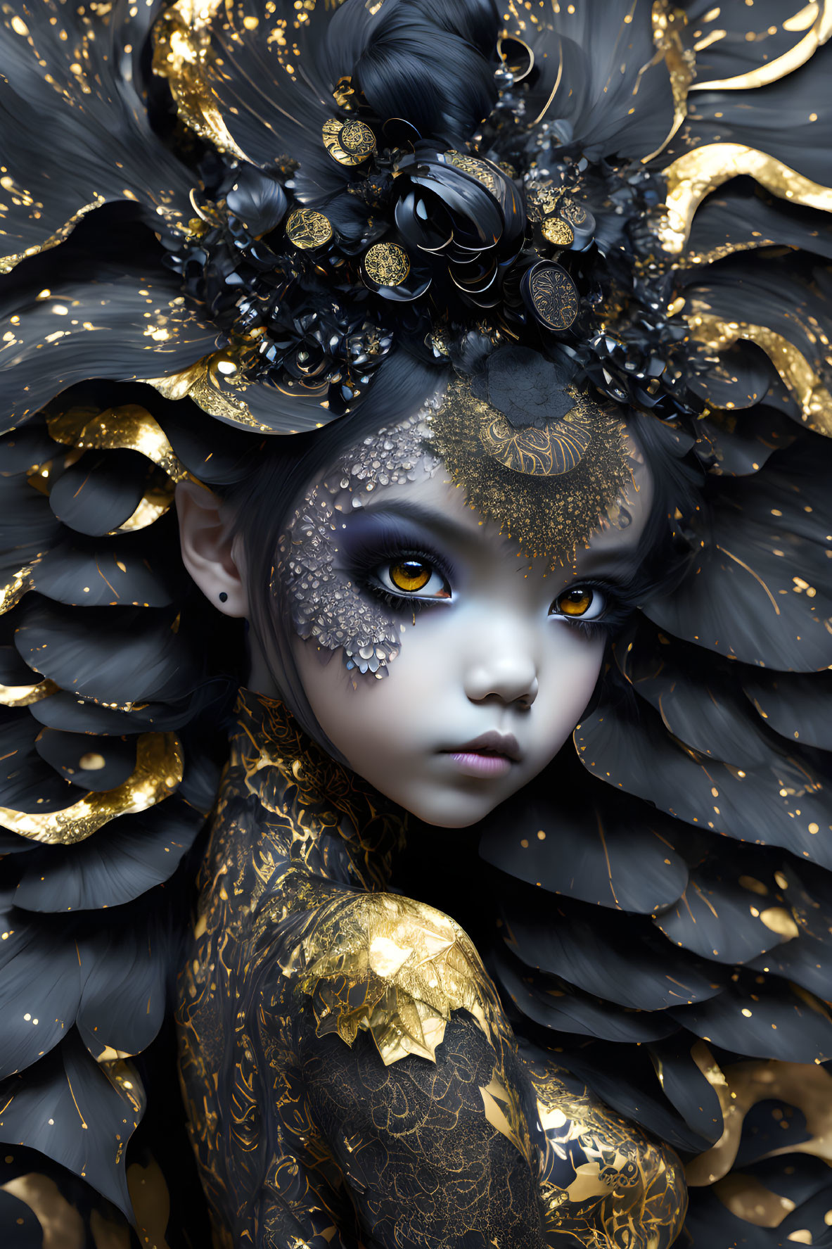 Fantasy character digital artwork with dark hair accessories, golden attire, and intricate makeup