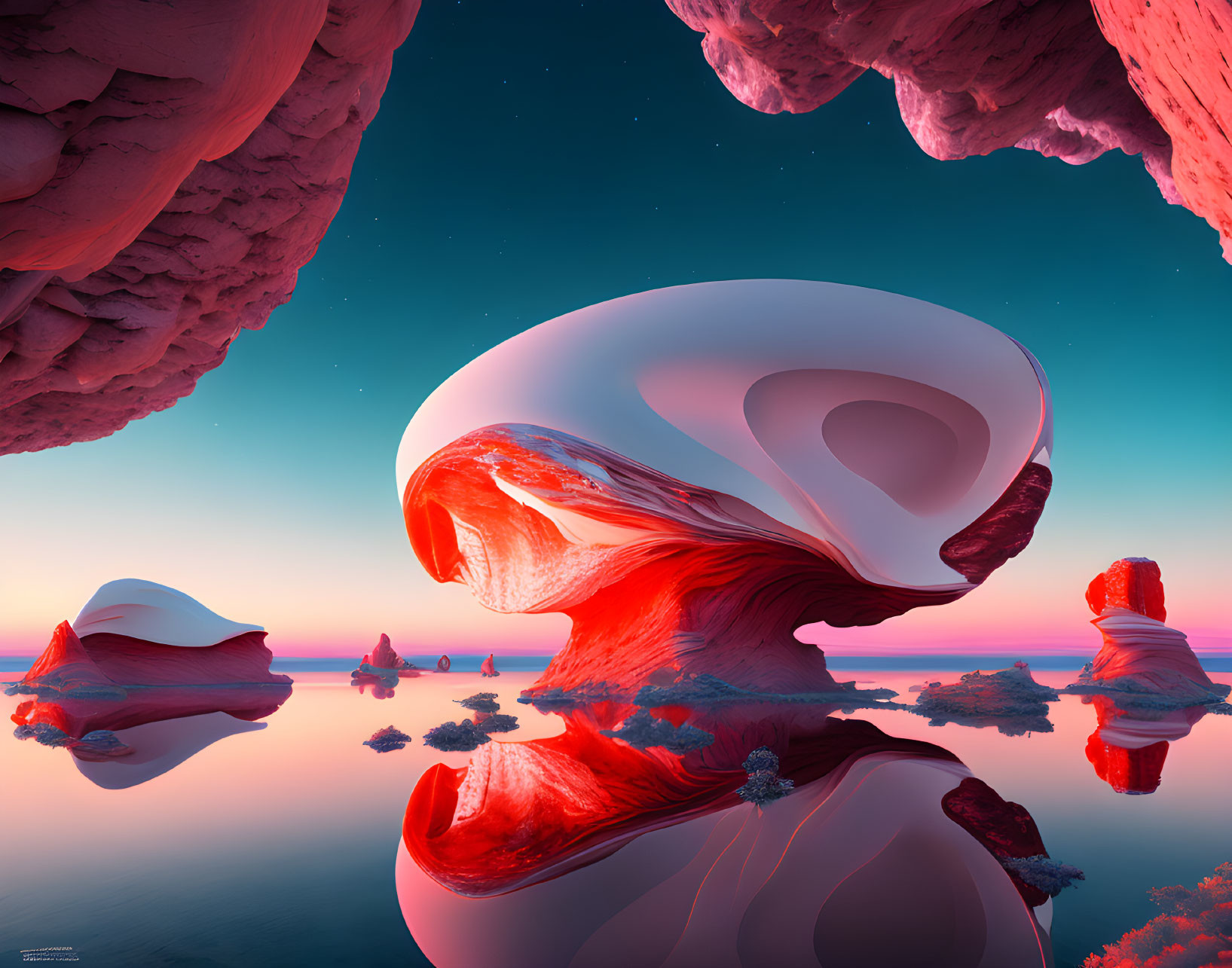 Vibrant red rock formations reflected in surreal mirrored water surface