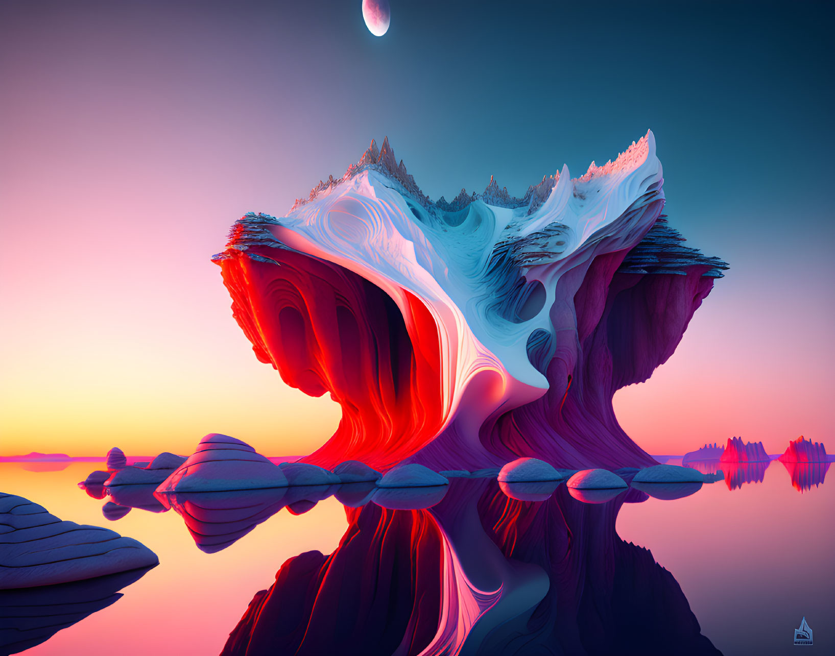 Vibrant surreal landscape with wave-like rock formation reflected on water at sunset