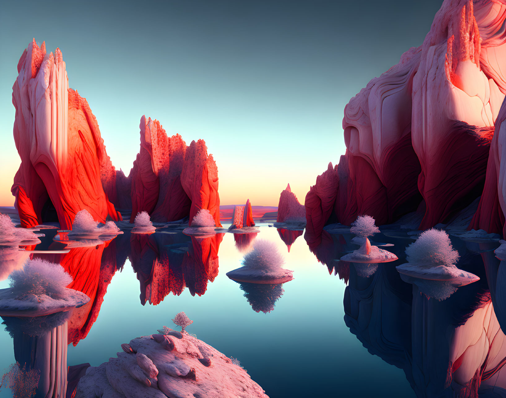 Tranquil landscape: red rock formations, spiky trees, calm waters, pink-blue sky