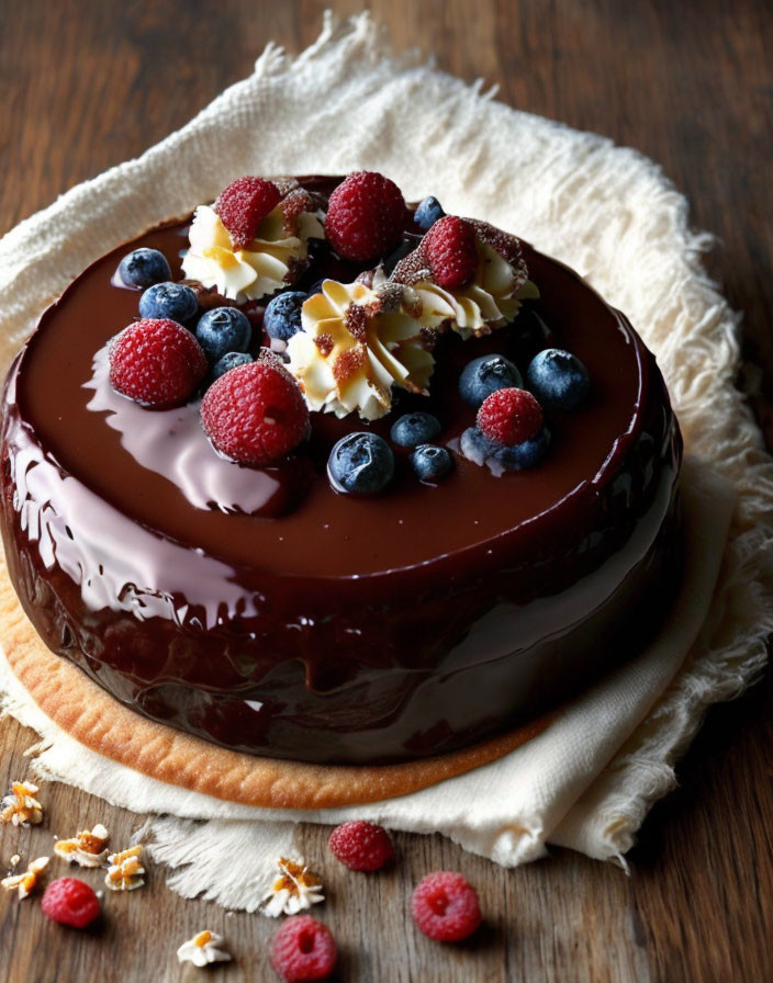 Chocolate-Glazed Cake with Berries and White Chocolate on Wooden Surface