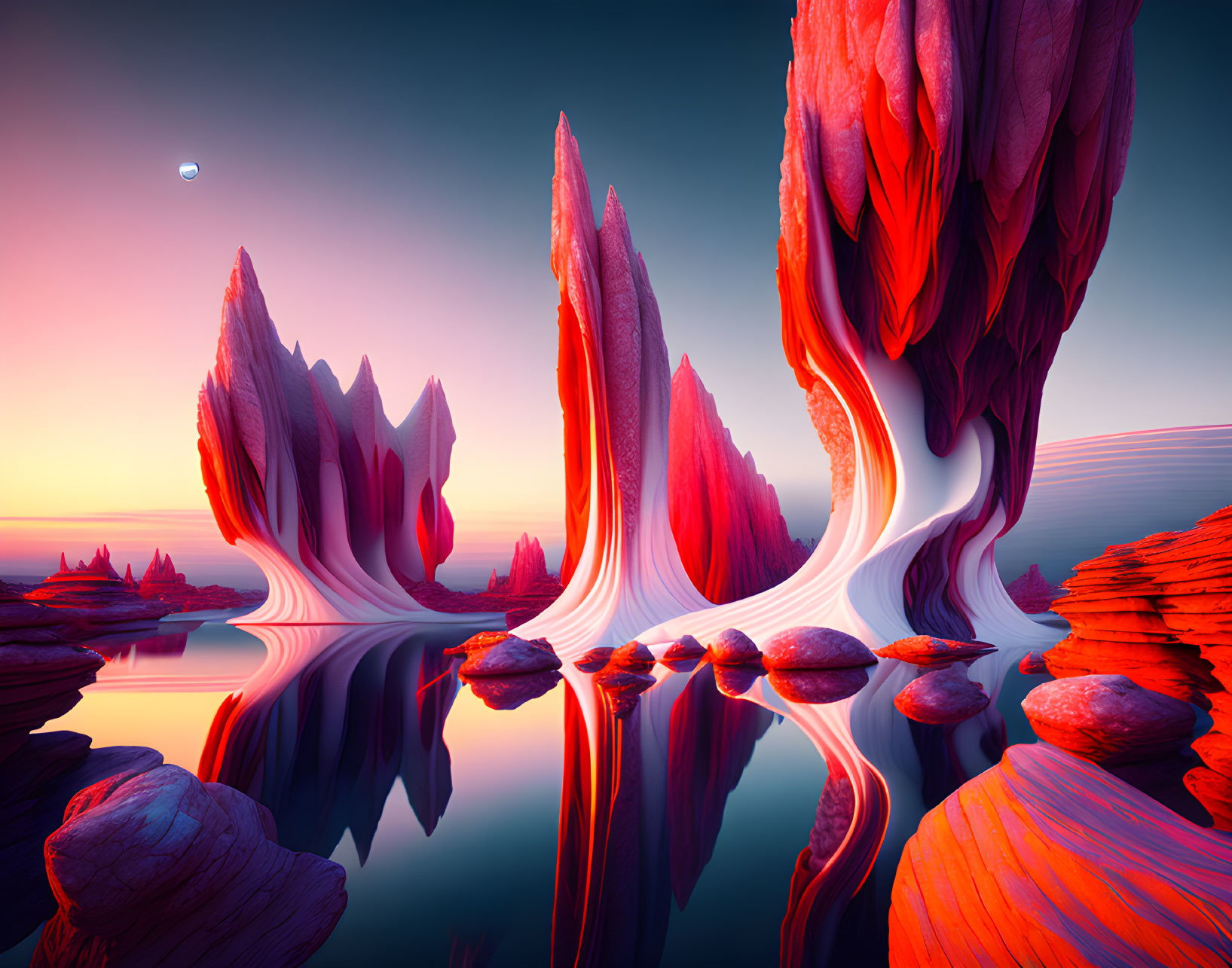 Vibrant pink and orange rock formations in surreal landscape