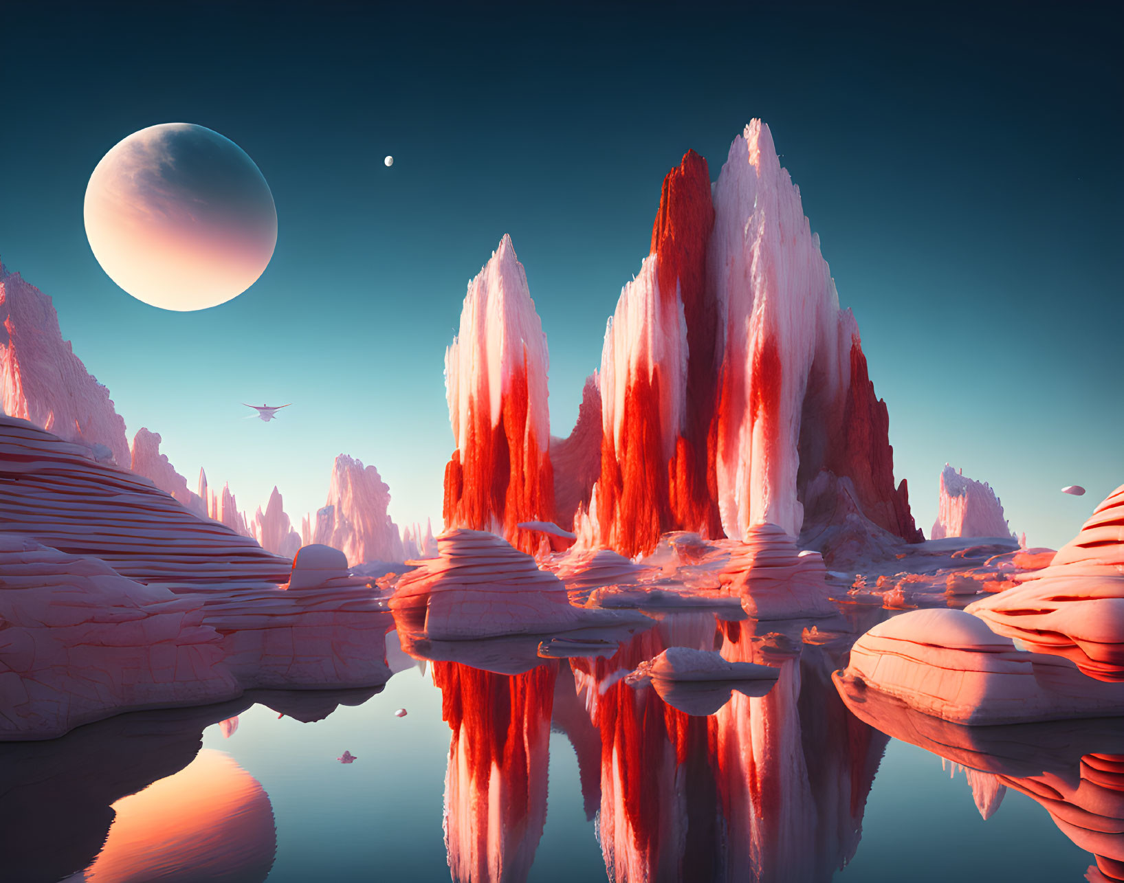 Surreal landscape with red and white rock formations, moon, and flying craft