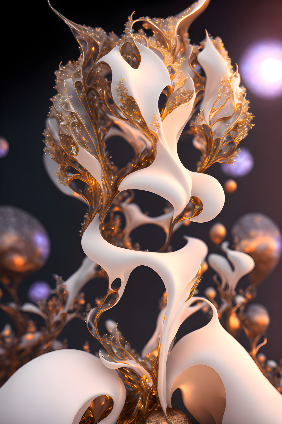 Abstract white and gold 3D-rendered image with swirling shapes and glowing orbs