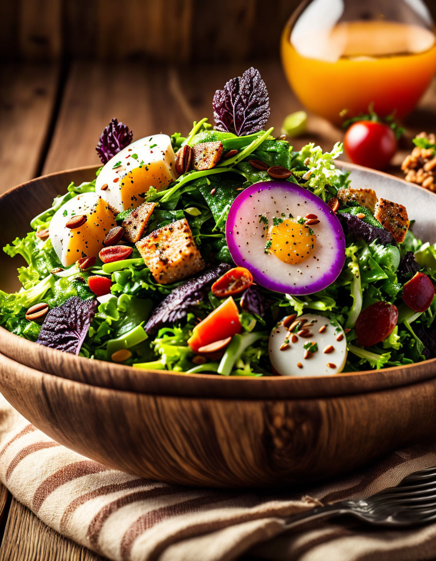 Colorful Salad with Leafy Greens, Boiled Eggs, Nuts, and Croutons in