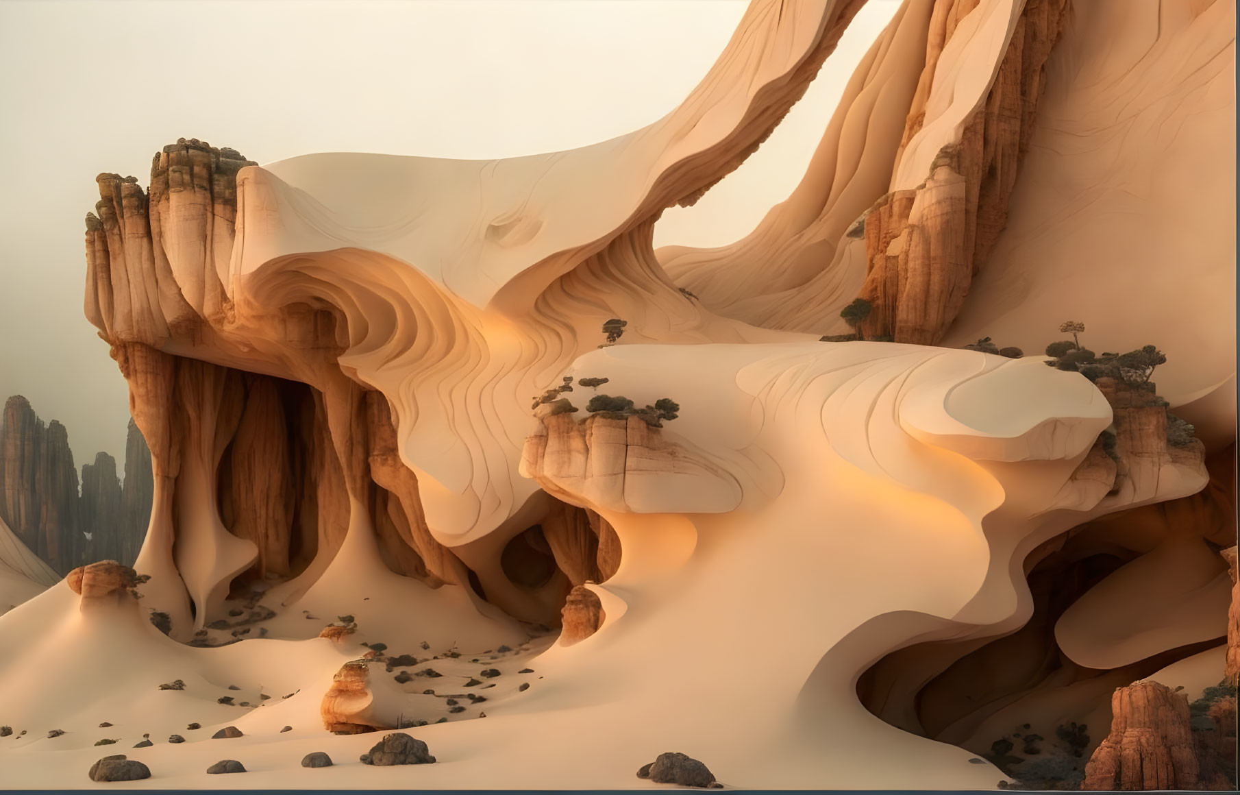 Desert landscape with sandstone formations and towering cliffs