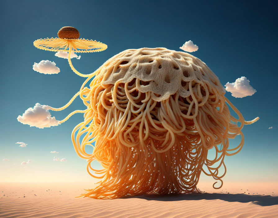 Surreal Jellyfish-Like Creature with Noodle Tentacles in Desert Landscape