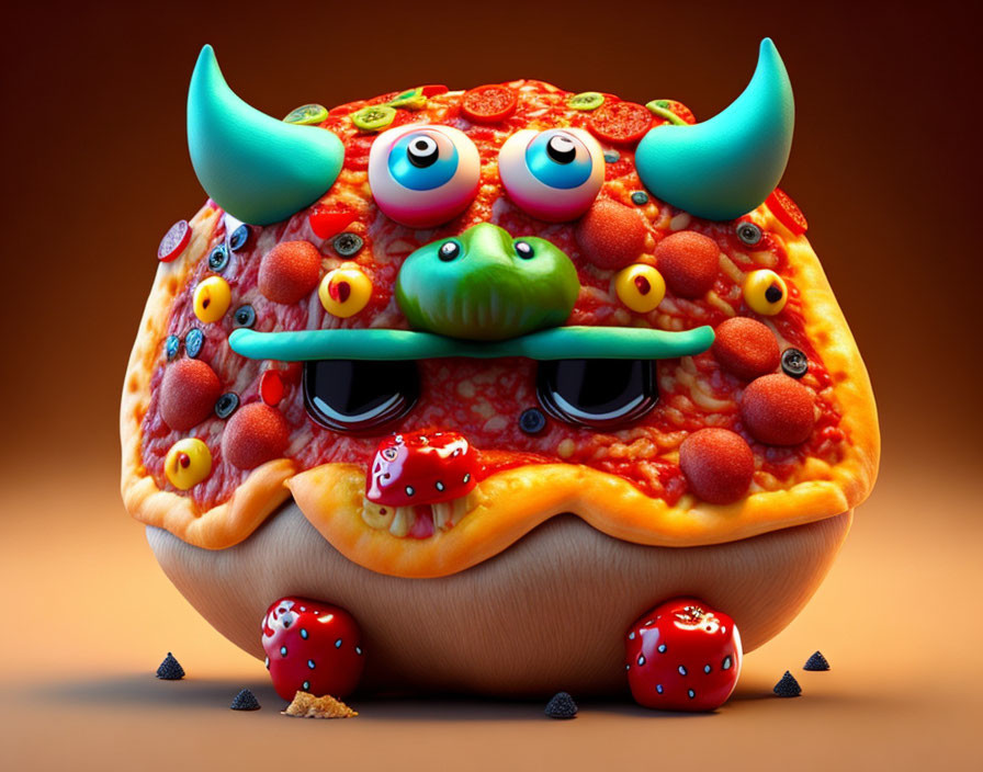 Whimsical pizza-themed monster with googly eyes, horns, and tiny feet