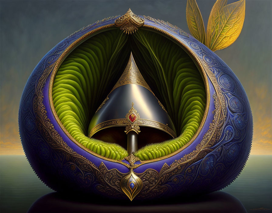 Surrealist artwork: helmet in fruit-like structure with leaf accents.