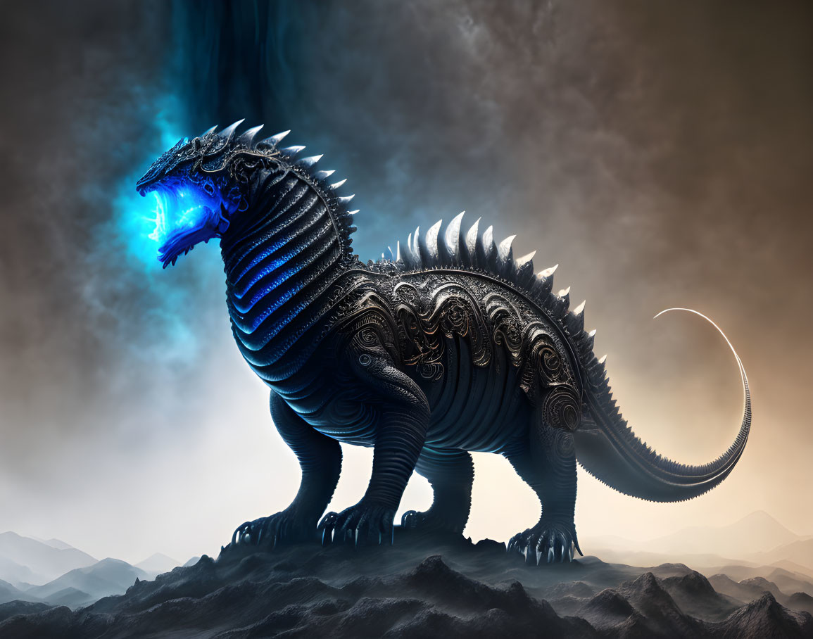 Menacing metallic-blue dragon on rocky terrain with glowing inner light